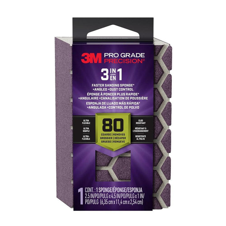 3M Pro Grade Precision 2.5 in x 4.5 in. x 1 in. Medium 180 Grit 3-in-1 Sanding Sponge (1-Pack)