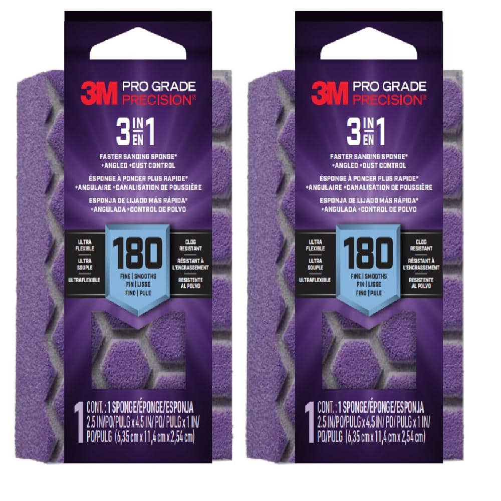 3M Pro Grade Precision 2.5 in x 4.5 in. x 1 in. Medium 180 Grit 3-in-1 Sanding Sponge (1-Pack)