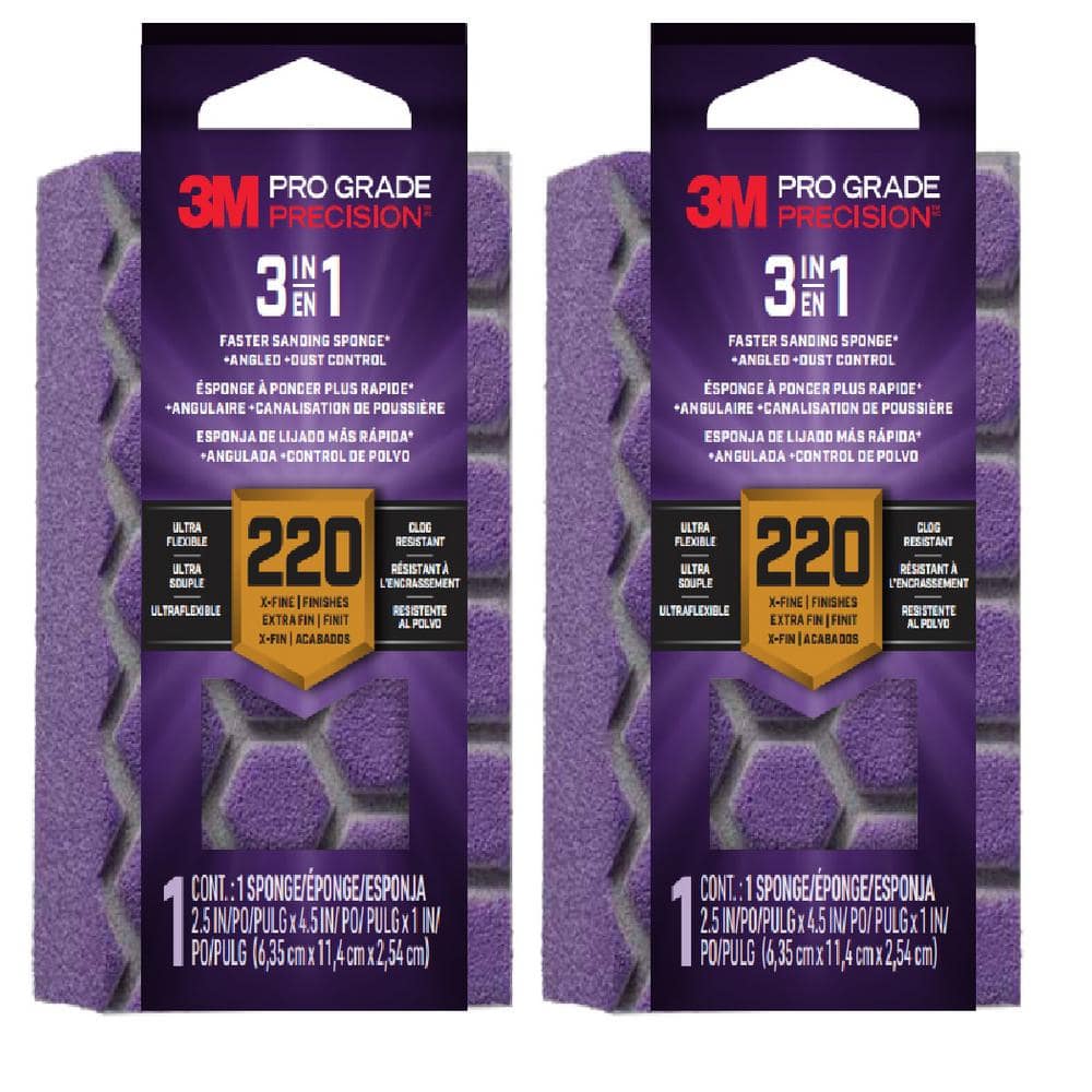 3M Pro Grade Precision 2.5 in. x 4.5 in. x 1 in. Fine 220 Grit 3-in-1 Sanding Sponge (2-Pack)