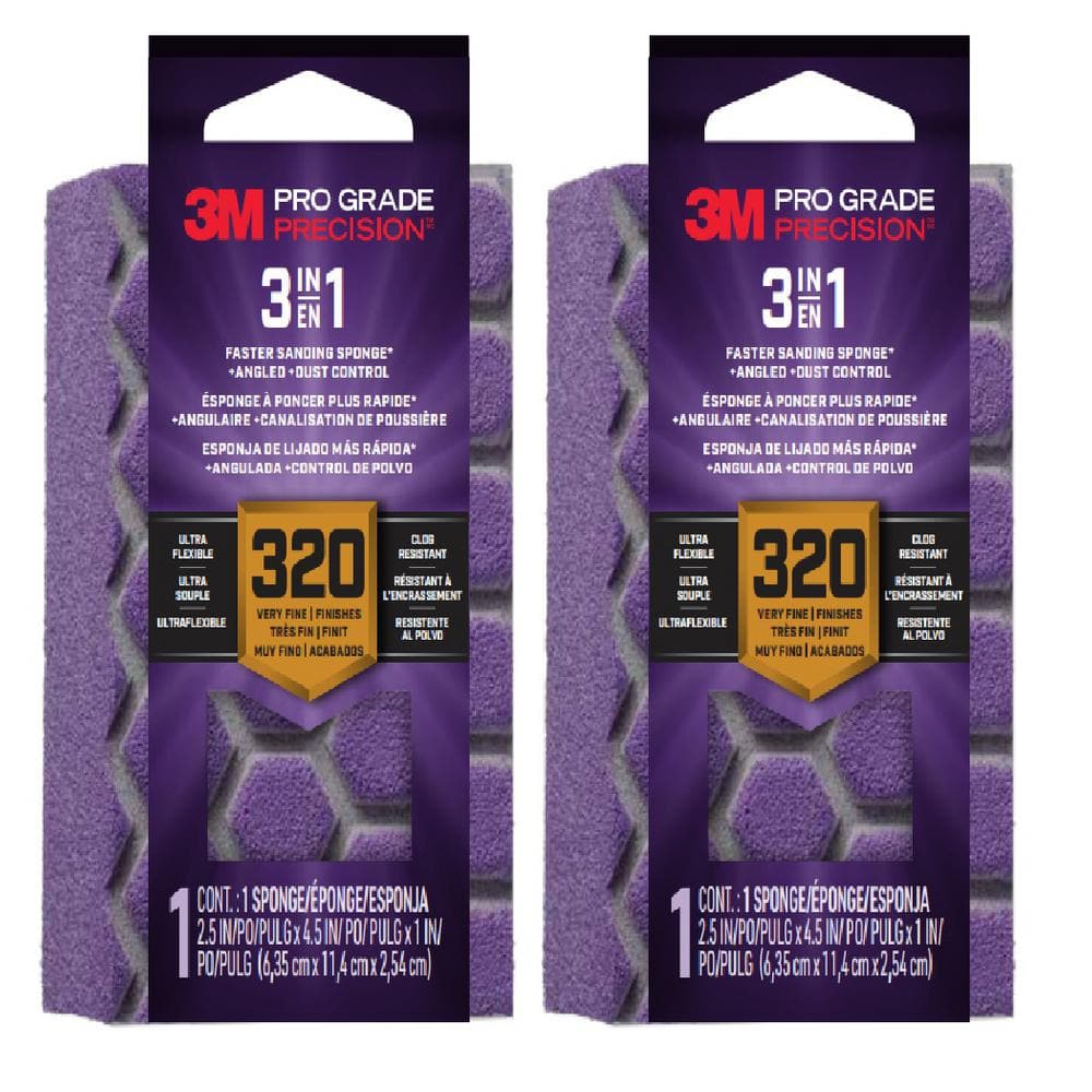 3M Pro Grade Precision 2.5 in. x 4.5 in. x 1 in. Extra Fine 320 Grit 3-in-1 Sanding Sponge (2-Pack)