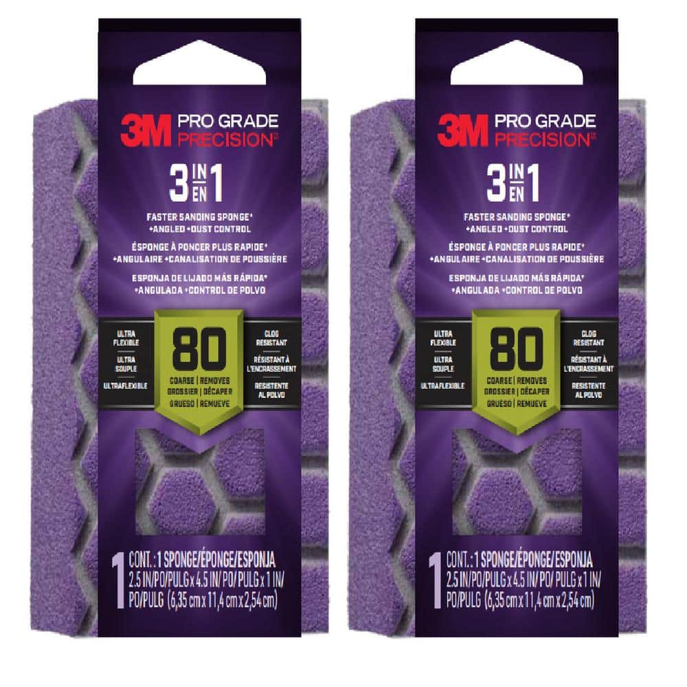 3M Pro Grade Precision 2.5 in x 4.5 in x 1 in, 80 Grit, Coarse, 3-in-1 Sanding Sponge