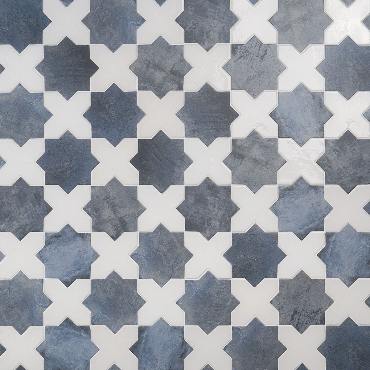 Parma Denim Blue Matte Star and White Polished Cross 6" Terracotta Look Porcelain Tile