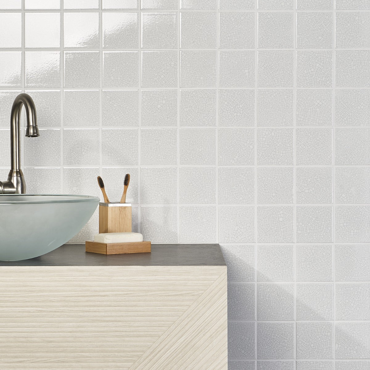 Sarina Vintage White 4x4 Glossy Crackled Ceramic Wall Tile by Lux Tile