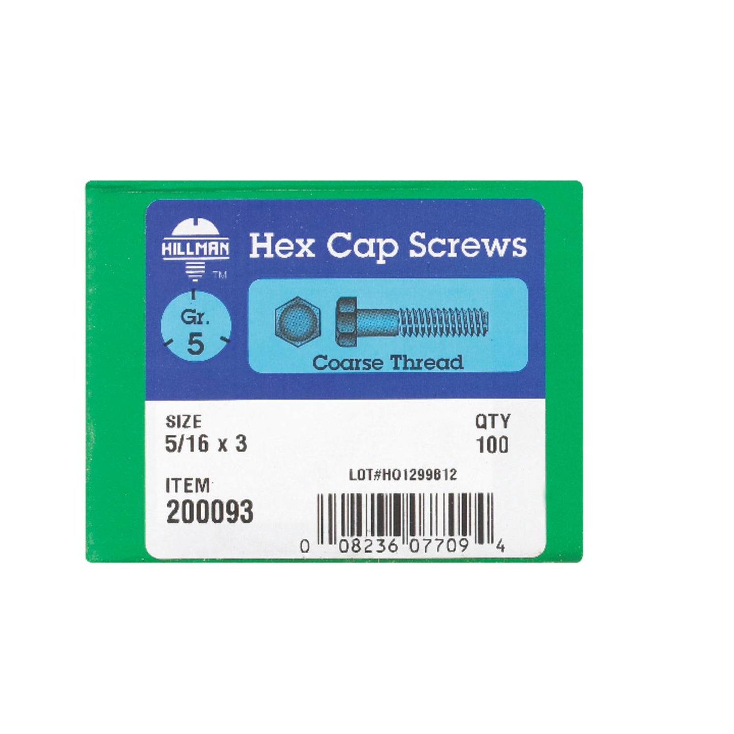 Hillman 5/16 in. Diameter x 3 in. Length Grade 5 Heat-Treated Zinc Steel Hex Head Cap Screws, Coarse Thread, 100-Pack