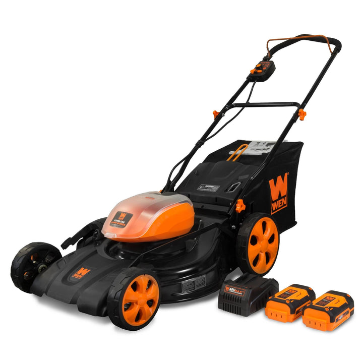 WEN 21 in. 40V Max Lithium-Ion Cordless 3-in-1 Walk-Behind Push Lawn Mower with 16-Gal Bag, Two Batteries & Charger