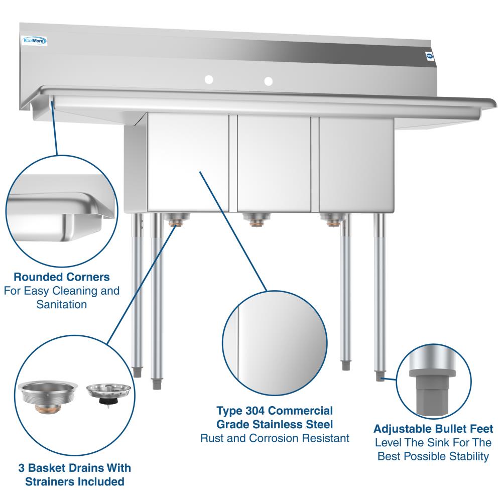 KoolMore Stainless Steel 3-Basin Utility Tub with Drain