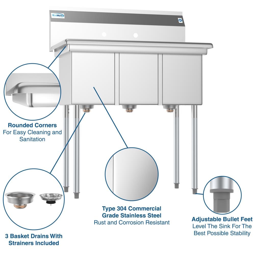 KoolMore Stainless Steel 3-Basin Utility Tub with Drain
