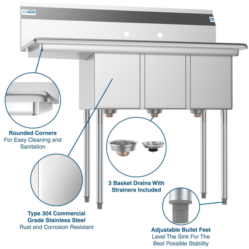 KoolMore Stainless Steel 3-Basin Utility Tub with Drain