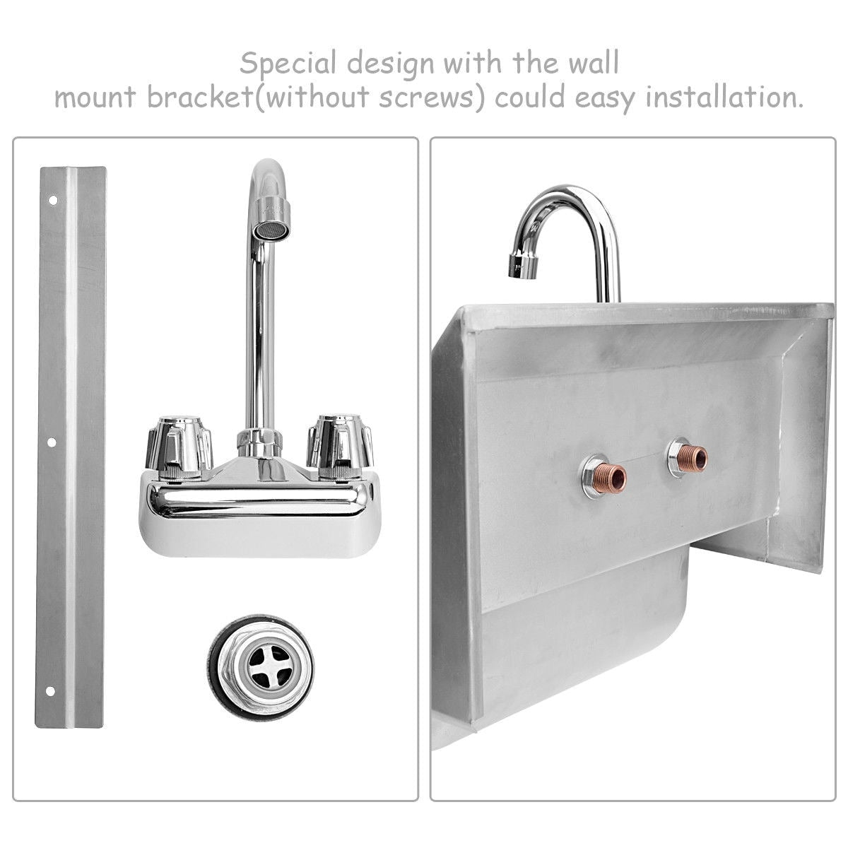 WELLFOR Stainless Steel Wall Mount Utility Tub with Drain & Faucet