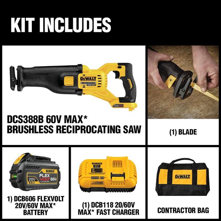 FLEXVOLT 60-Volt MAX Lithium-Ion Cordless Brushless Reciprocating Saw with (1) Battery 2Ah, Charger and Contractor Bag