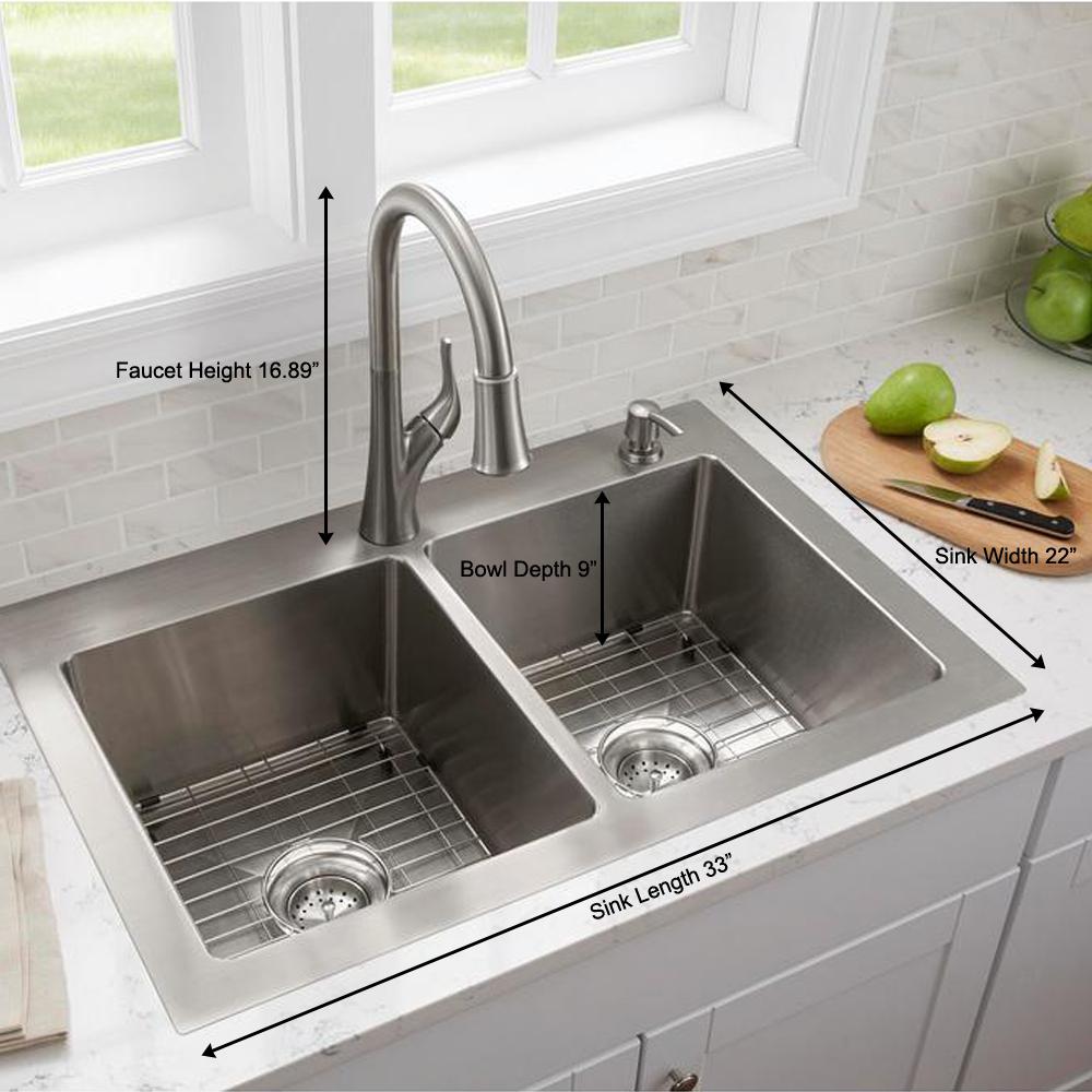 All-in-One Tight Radius Stainless Steel 33 in. 18-Gauge 2-Hole Double Bowl Dual Mount Kitchen Sink with Pull Down Faucet - Super Arbor