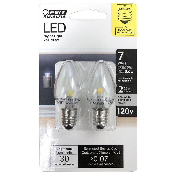 Feit Electric 1W Equivalent Clear Replacement C7 LED Night Light Bulb (2-Pack)