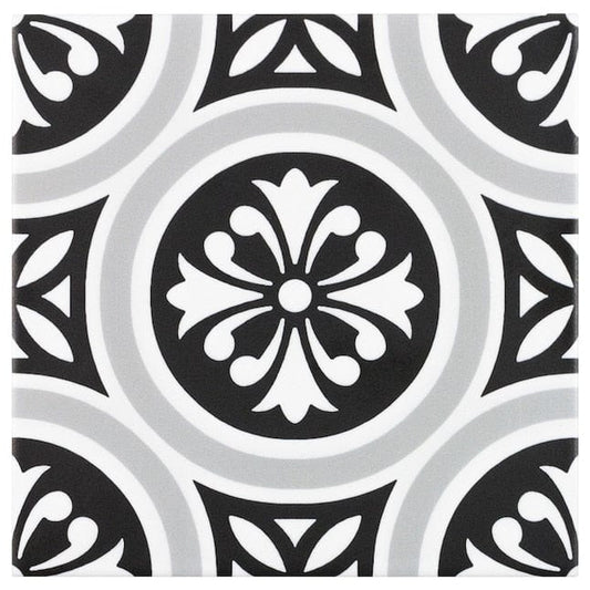 Boutique Ceramic Midnight Metro Black White Gray 6-in x 6-in Matte Porcelain Encaustic Floor and Wall Tile (0.239-sq. ft/ Piece)
