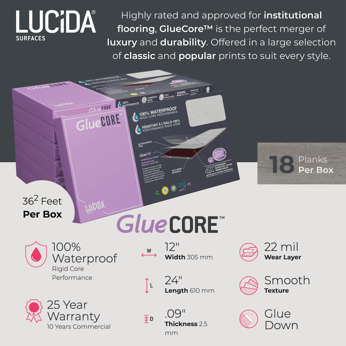 Lucida USA Gluecore Satinstone Gray 22-mil x 12-in W x 24-in L Waterproof Glue Down Luxury Vinyl Plank Flooring (36-sq ft/ Carton)