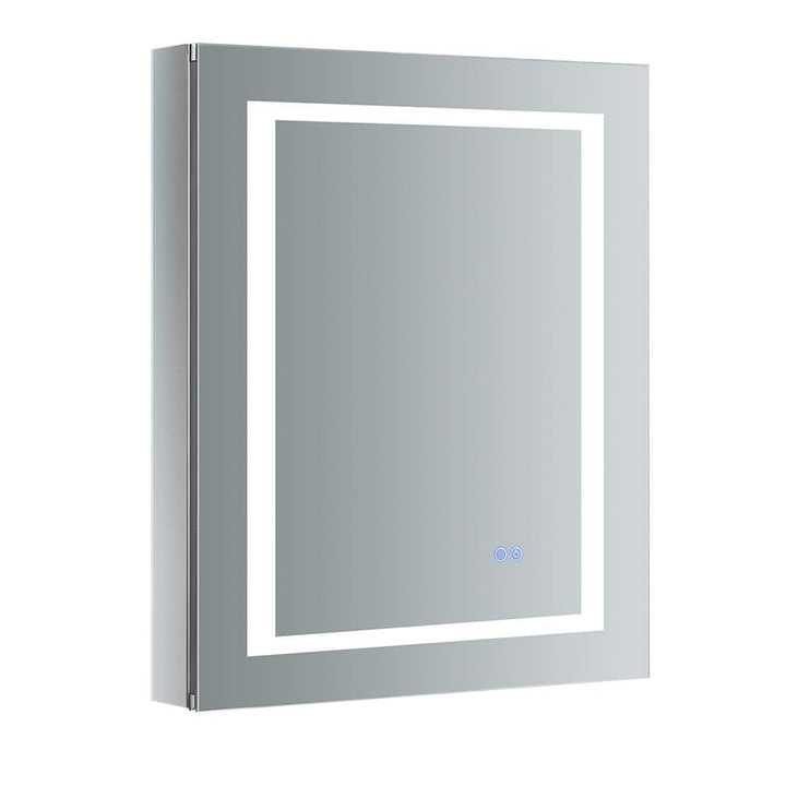 Fresca Spazio 24-in x 30-in Lighted LED Fog Free Surface/Recessed Mount LED Lighting Mirror- Left Mirrored Soft Close Medicine Cabinet with Outlet