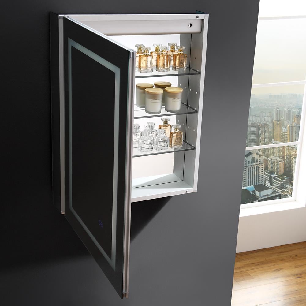 Fresca Spazio 24-in x 30-in Lighted LED Fog Free Surface/Recessed Mount LED Lighting Mirror- Left Mirrored Soft Close Medicine Cabinet with Outlet