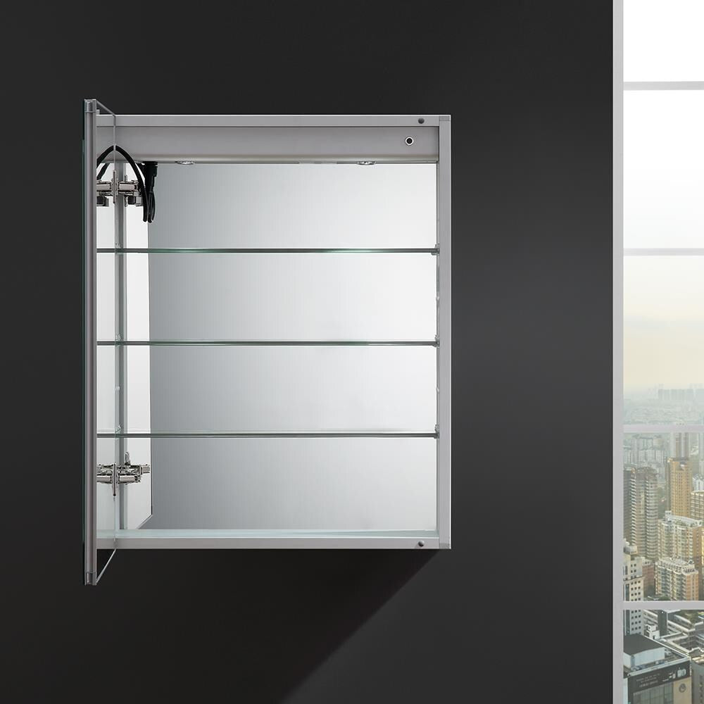 Fresca Spazio 24-in x 30-in Lighted LED Fog Free Surface/Recessed Mount LED Lighting Mirror- Left Mirrored Soft Close Medicine Cabinet with Outlet