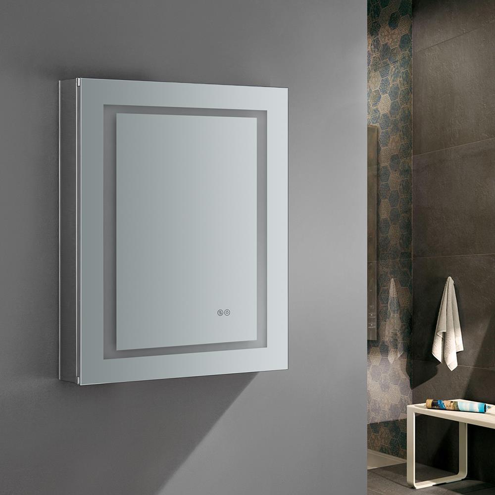 Fresca Spazio 24-in x 30-in Lighted LED Fog Free Surface/Recessed Mount LED Lighting Mirror- Left Mirrored Soft Close Medicine Cabinet with Outlet