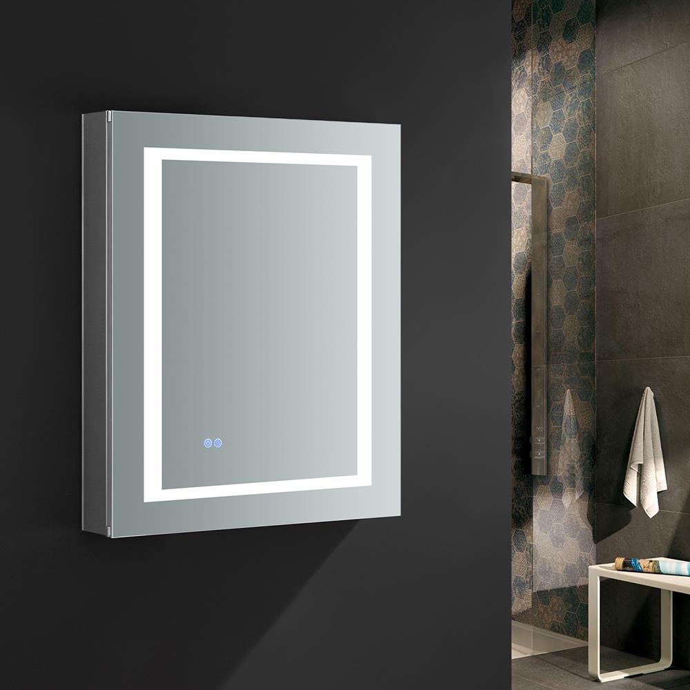 Fresca Spazio 24-in x 30-in Lighted LED Fog Free Surface/Recessed Mount LED Lighting Mirror- Right Mirrored Soft Close Medicine Cabinet with Outlet