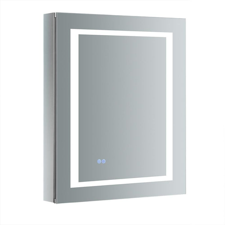 Fresca Spazio 24-in x 30-in Lighted LED Fog Free Surface/Recessed Mount LED Lighting Mirror- Right Mirrored Soft Close Medicine Cabinet with Outlet