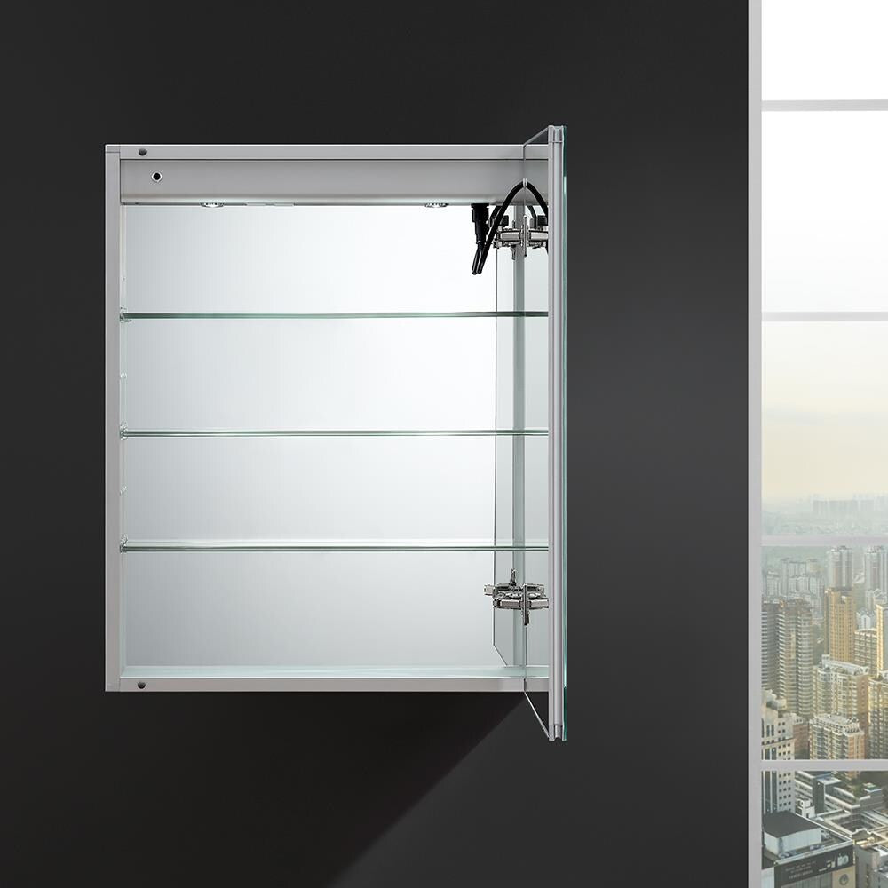 Fresca Spazio 24-in x 30-in Lighted LED Fog Free Surface/Recessed Mount LED Lighting Mirror- Right Mirrored Soft Close Medicine Cabinet with Outlet