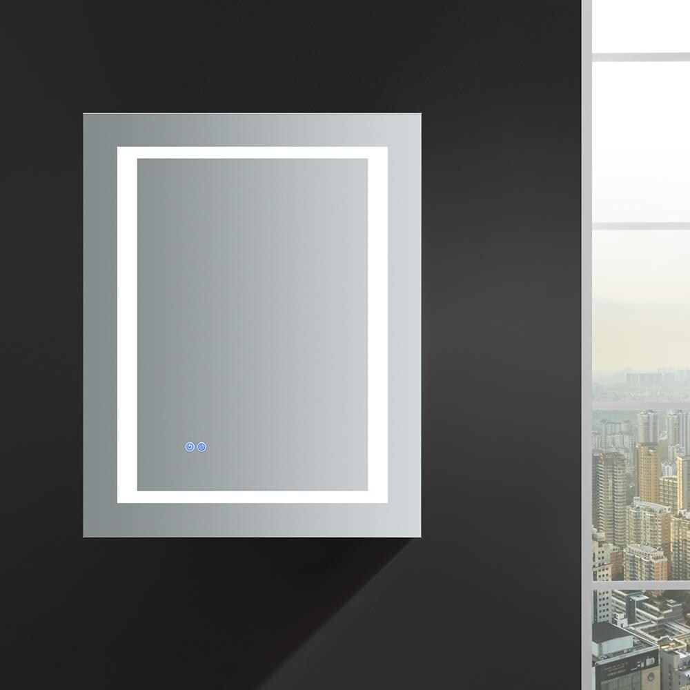 Fresca Spazio 24-in x 30-in Lighted LED Fog Free Surface/Recessed Mount LED Lighting Mirror- Right Mirrored Soft Close Medicine Cabinet with Outlet
