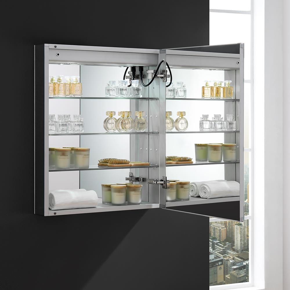 Fresca Spazio 24-in x 30-in Lighted LED Fog Free Surface/Recessed Mount LED Lighting Mirror- Right Mirrored Soft Close Medicine Cabinet with Outlet