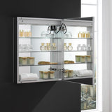 Fresca Spazio 24-in x 30-in Lighted LED Fog Free Surface/Recessed Mount LED Lighting Mirror- Right Mirrored Soft Close Medicine Cabinet with Outlet