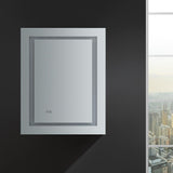 Fresca Spazio 24-in x 30-in Lighted LED Fog Free Surface/Recessed Mount LED Lighting Mirror- Right Mirrored Soft Close Medicine Cabinet with Outlet