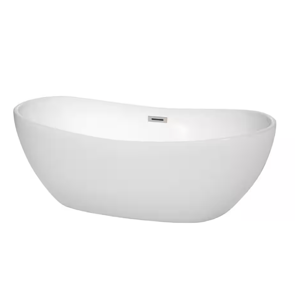 Rebecca 64.8 in. Acrylic Flatbottom Non-Whirlpool Bathtub in White with Brushed Nickel Trim