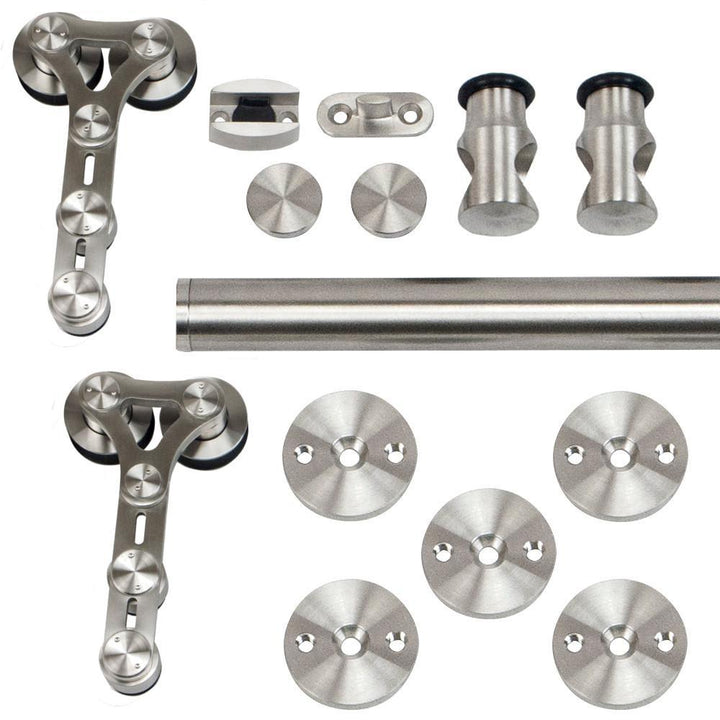 96 in. Stainless Steel Dual Wheel Strap Rolling Door Hardware Kit for Wood or Glass Door - Super Arbor