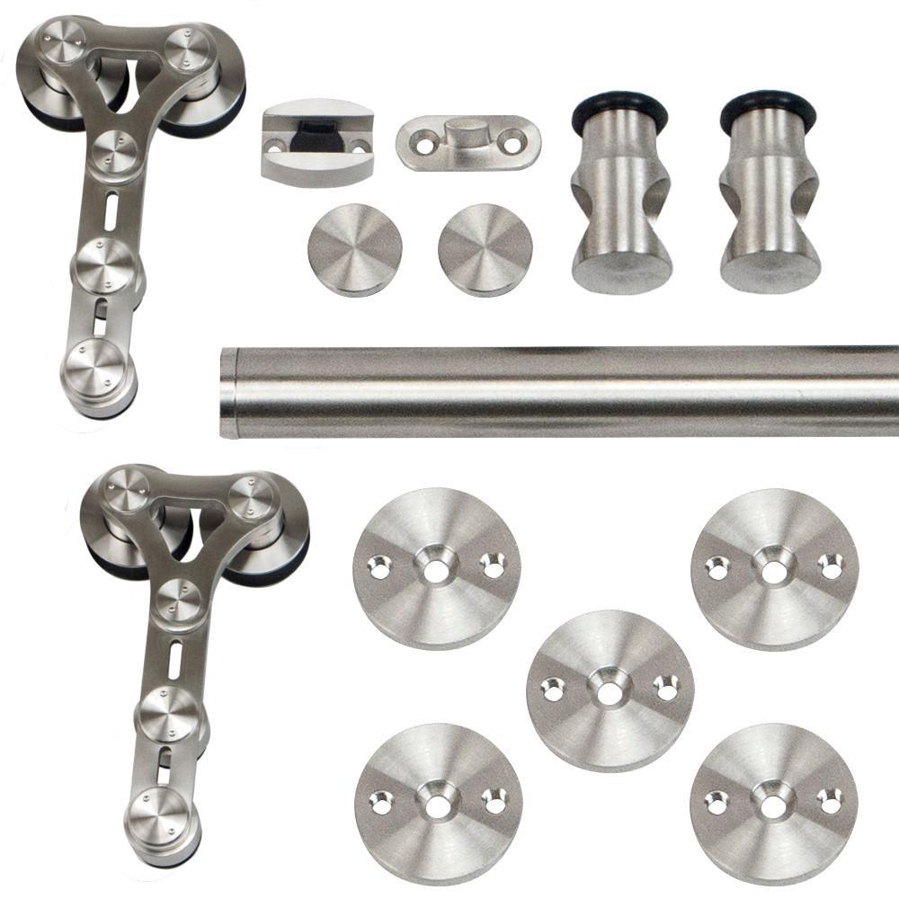 96 in. Stainless Steel Dual Wheel Strap Rolling Door Hardware Kit for Wood or Glass Door - Super Arbor