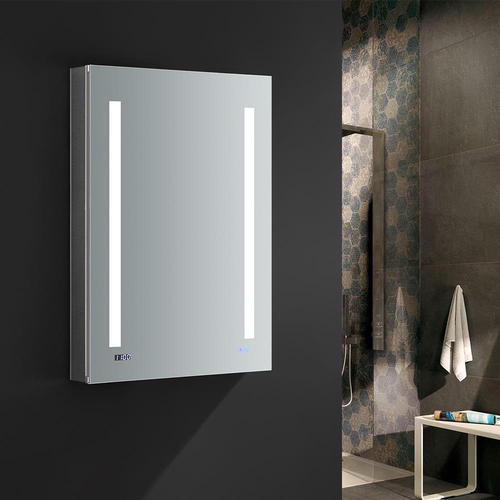 Fresca Tiempo 24-in x 36-in Lighted LED Fog Free Surface/Recessed Mount LED Lighting- Left Mirrored Soft Close Medicine Cabinet with Outlet