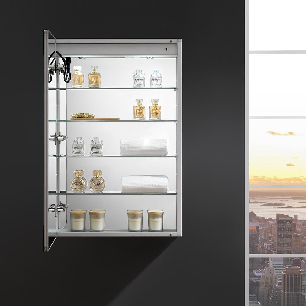 Fresca Tiempo 24-in x 36-in Lighted LED Fog Free Surface/Recessed Mount LED Lighting- Left Mirrored Soft Close Medicine Cabinet with Outlet