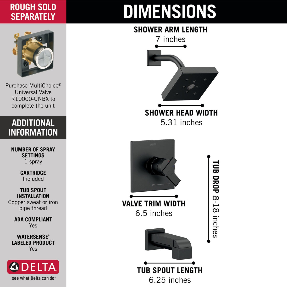 Delta Ara Matte Black 1-Handle Bathtub and Shower Faucet, H2Okinetic, Trim Only