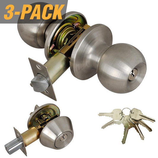Stainless Steel Entry Door Knob Combo Lock Set with Deadbolt and 18 Keys Total, (3-Pack, Keyed Alike) - Super Arbor