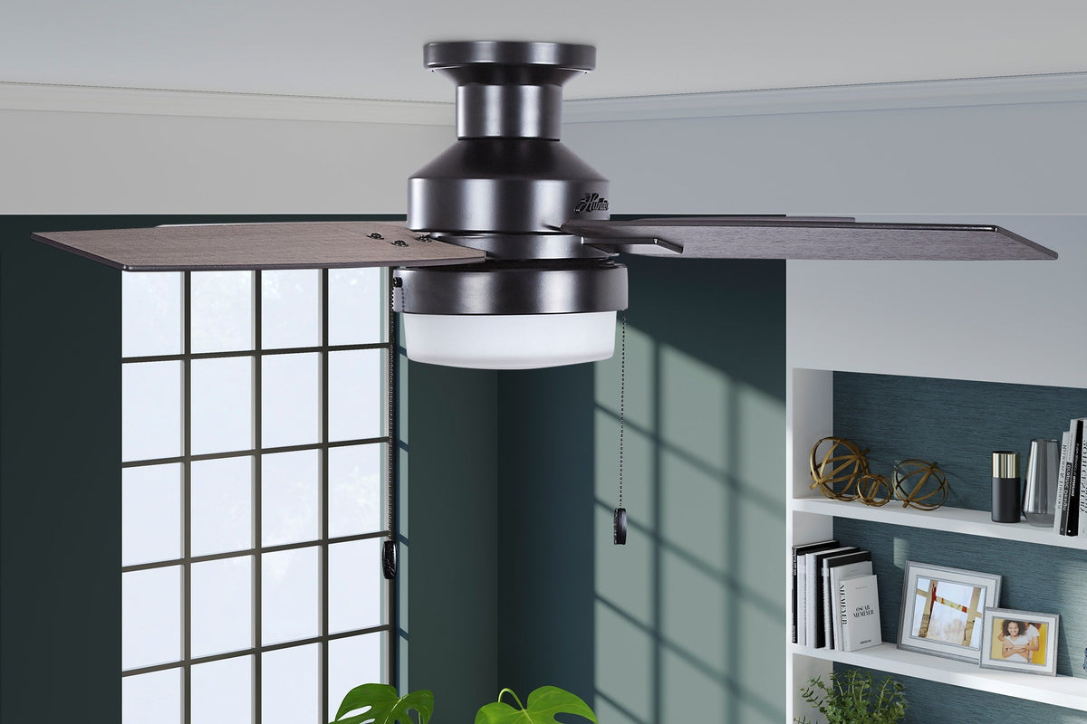 Hunter Port Haven LED 44-in Matte Black Indoor/Outdoor Flush Mount Ceiling Fan with Light Kit, 4-Blade
