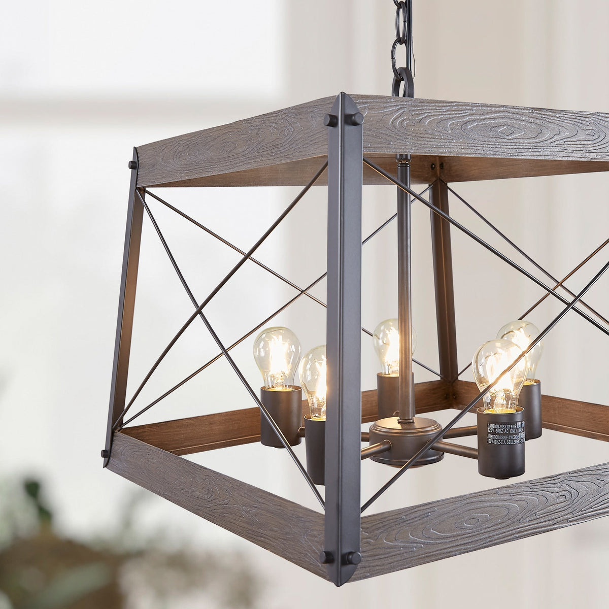Progress Lighting Bradberry 5-Light Weathered Oak and Graphite Farmhouse Lantern Medium Hanging Pendant Light
