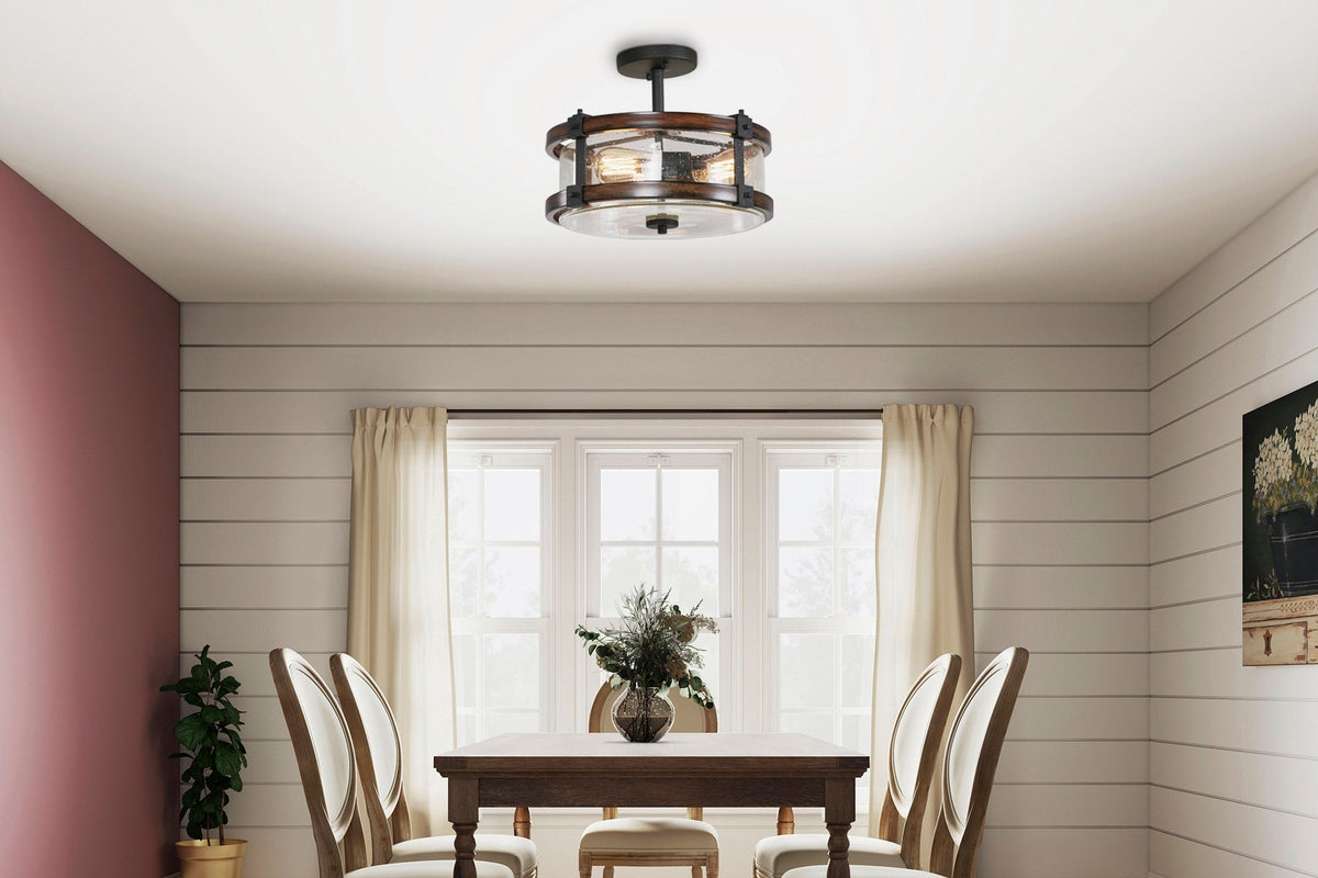 Kichler Barrington 14.75-in Distressed Black and Wood Tone Rustic Semi-Flush Mount Light, 3-Light