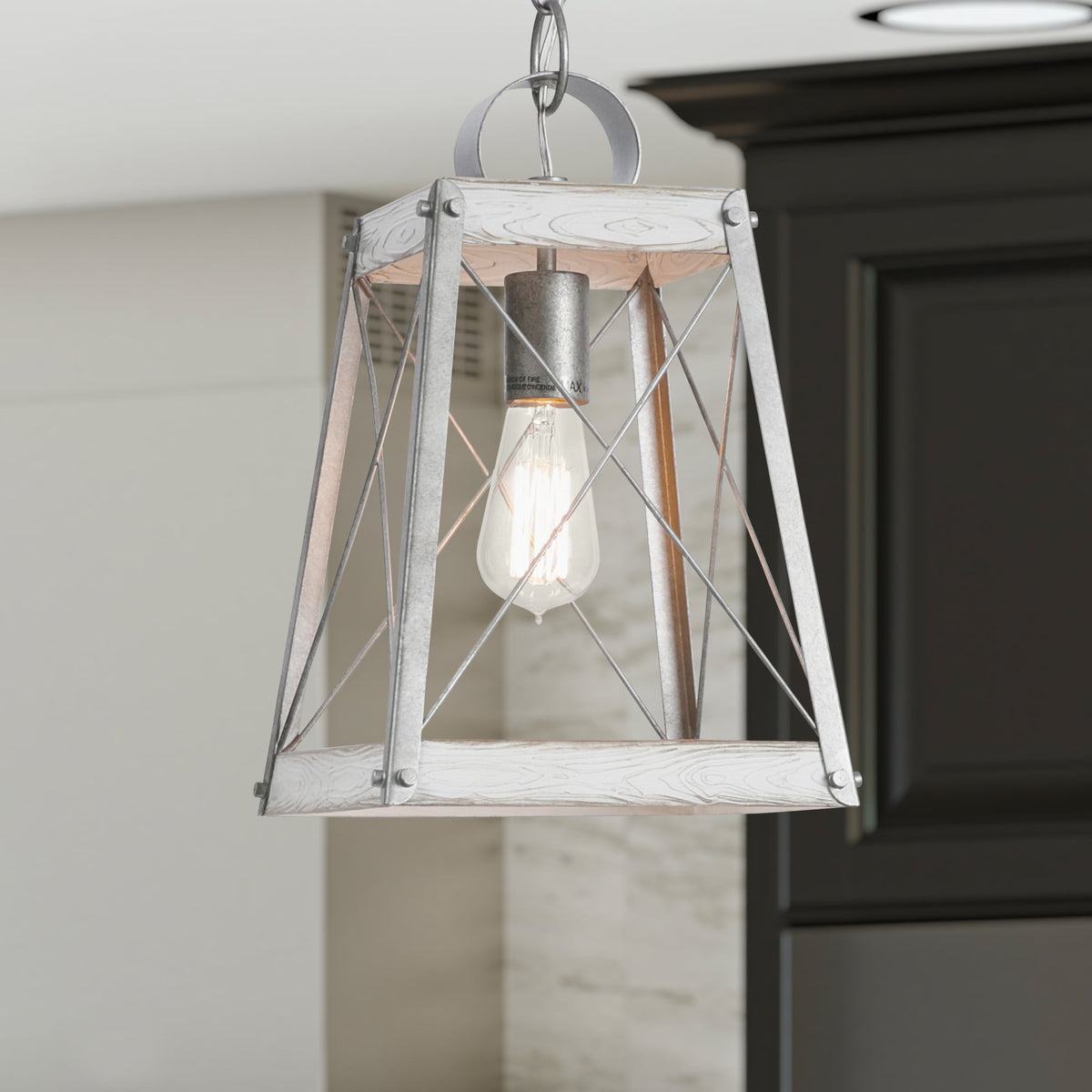 Progress Lighting Bradberry Antique White with Galvanized Accents Farmhouse Lantern Pendant Light, 9.125-in W x 16.875-in H