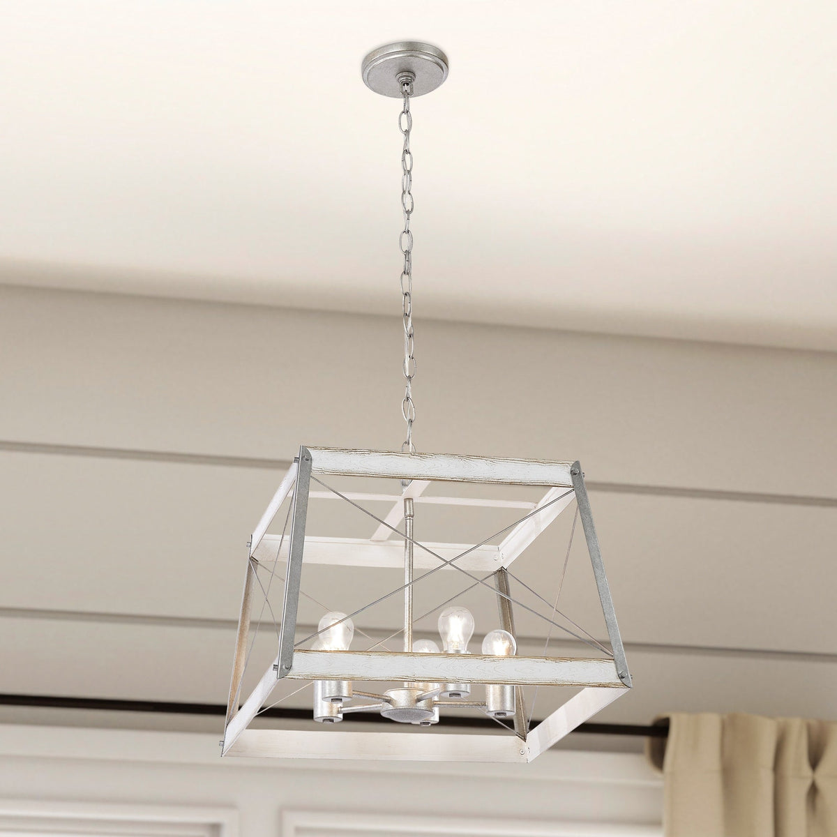 Progress Lighting Bradberry 5-Light Antique White with Galvanized Accents Farmhouse Lantern Pendant Light, 18.12-in