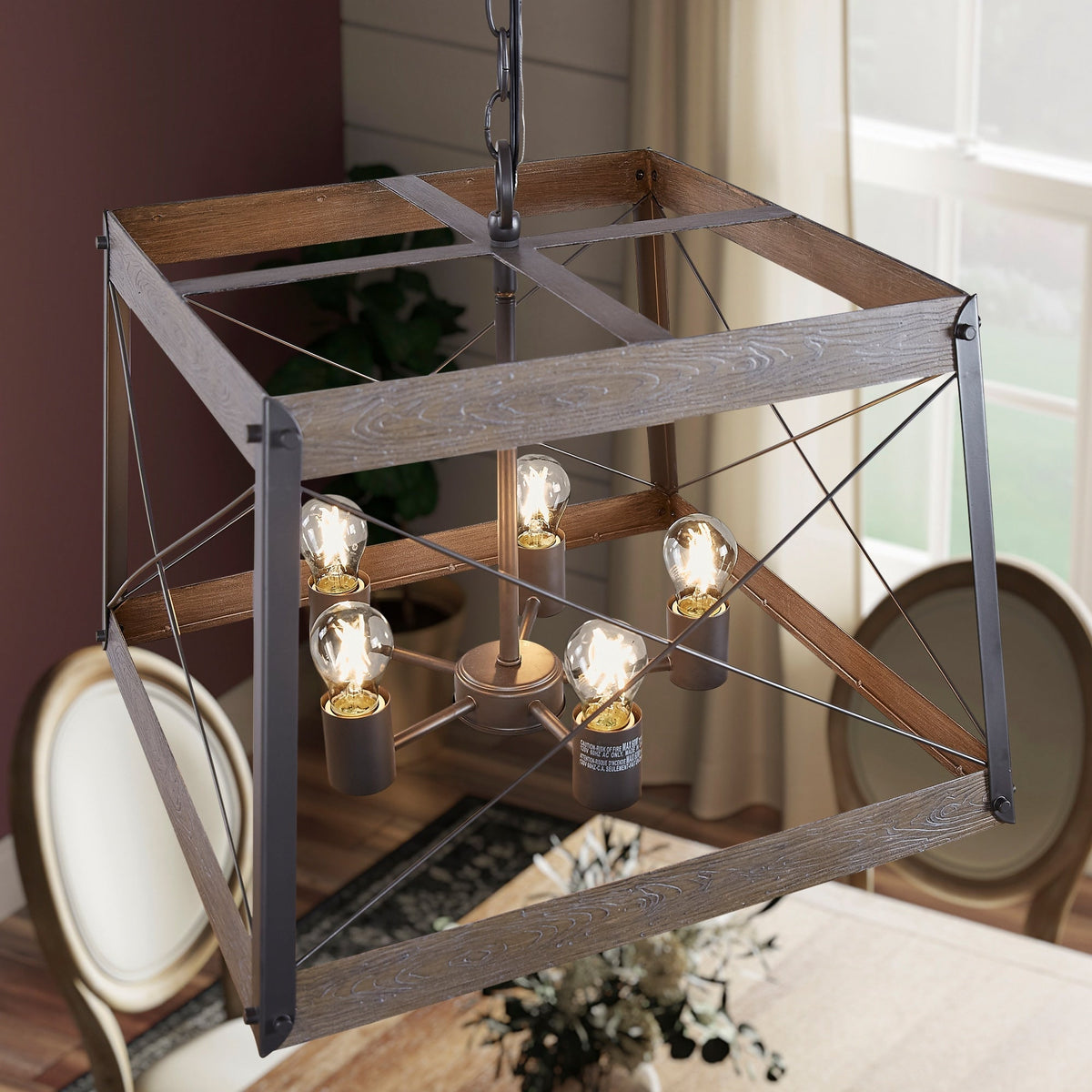 Progress Lighting Bradberry 5-Light Weathered Oak and Graphite Farmhouse Lantern Medium Hanging Pendant Light