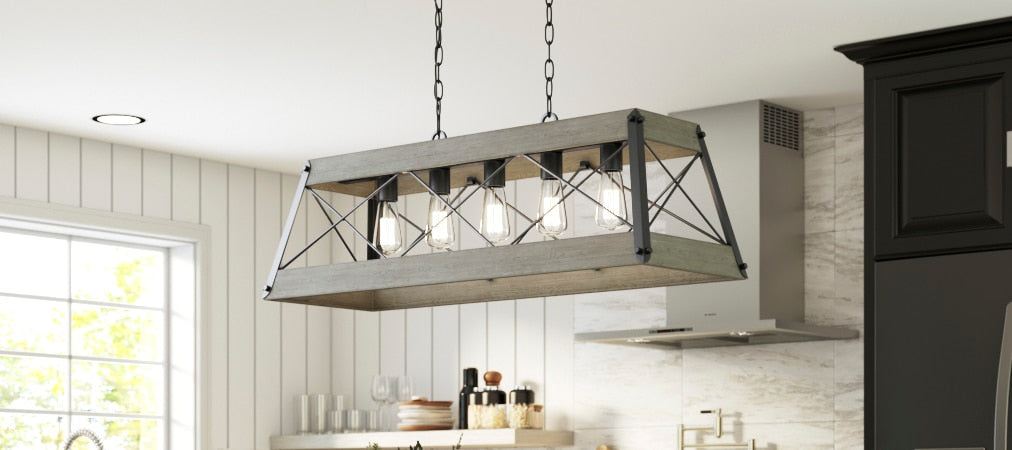 Progress Lighting Bradberry 5-Light Weathered Oak and Graphite Farmhouse Linear Large Hanging Kitchen Island Light