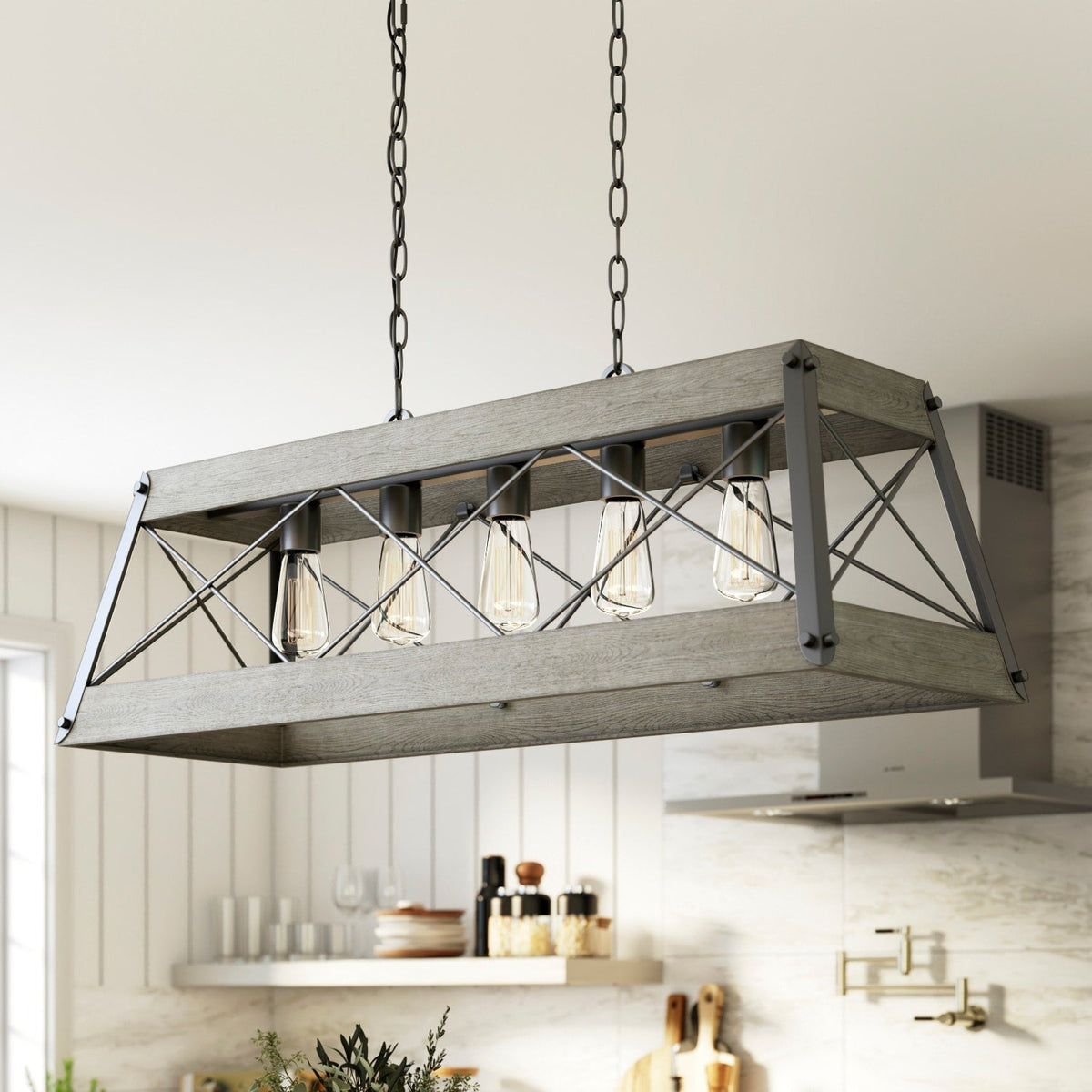 Progress Lighting Bradberry 5-Light Weathered Oak and Graphite Farmhouse Linear Large Hanging Kitchen Island Light