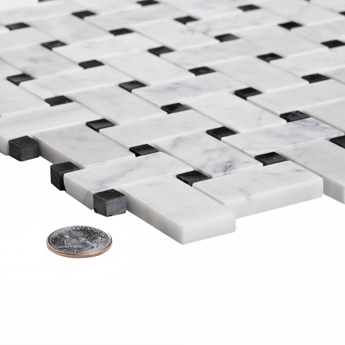 Apollo Tile White, Black 12-in x 12-in Polished Natural Stone Marble Basketweave Wall Tile (5-sq. ft/ Carton)