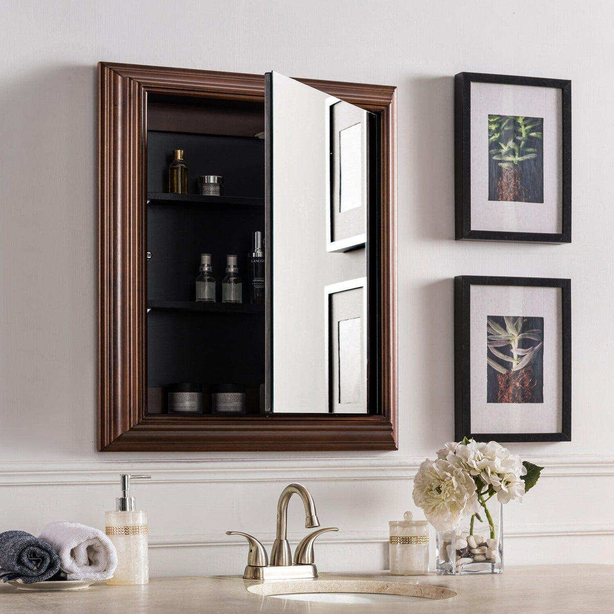 allen + roth 22.5-in x 27.5-in Fog Free Surface Mount Espresso Mirrored Soft Close Medicine Cabinet