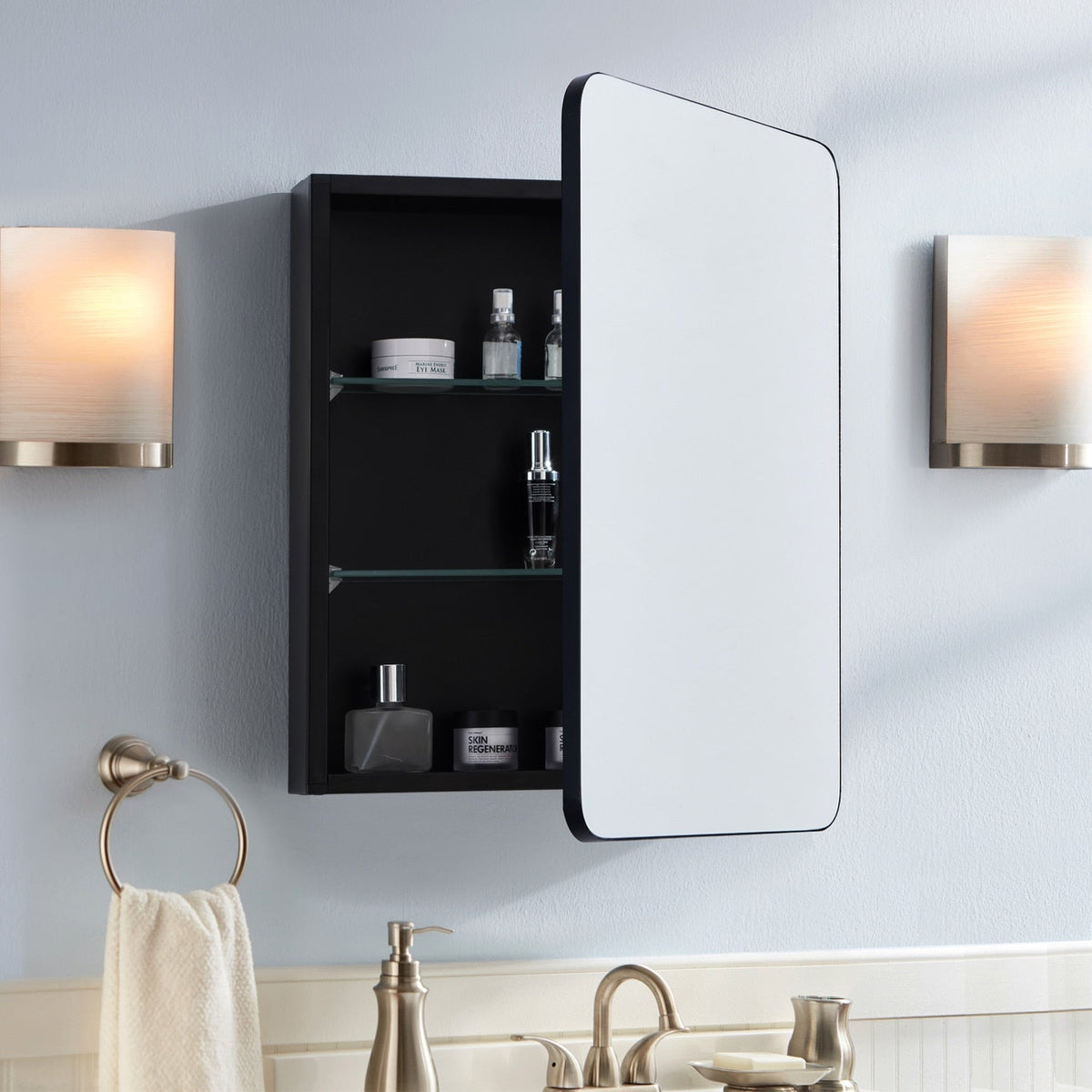 allen + roth 20-in x 26-in Surface/Recessed Mount Matte Black Mirrored Soft Close Medicine Cabinet