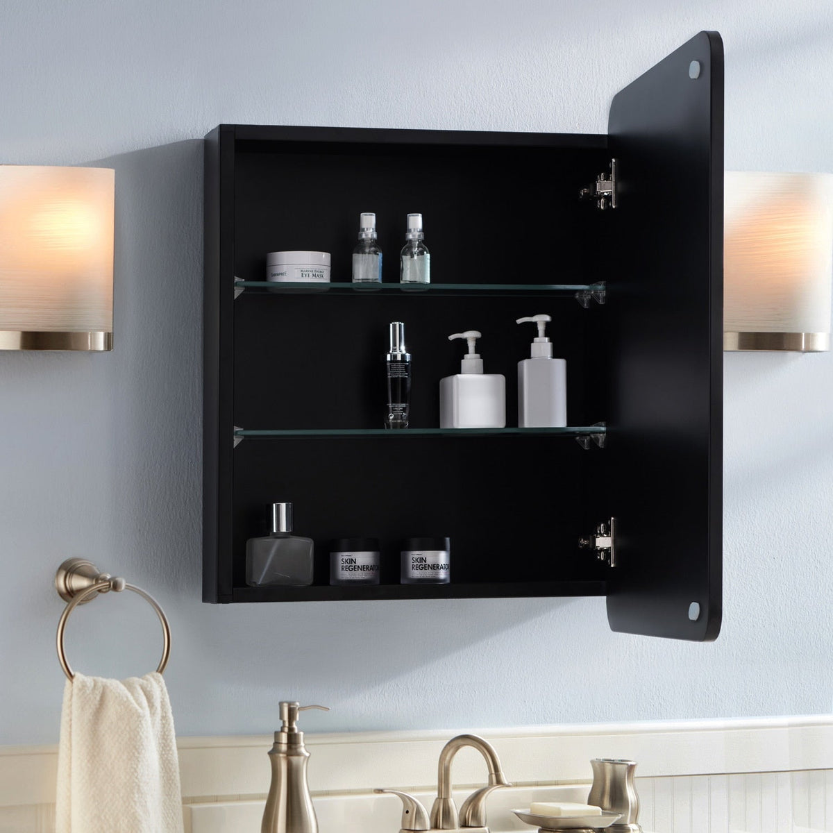 allen + roth 20-in x 26-in Surface/Recessed Mount Matte Black Mirrored Soft Close Medicine Cabinet