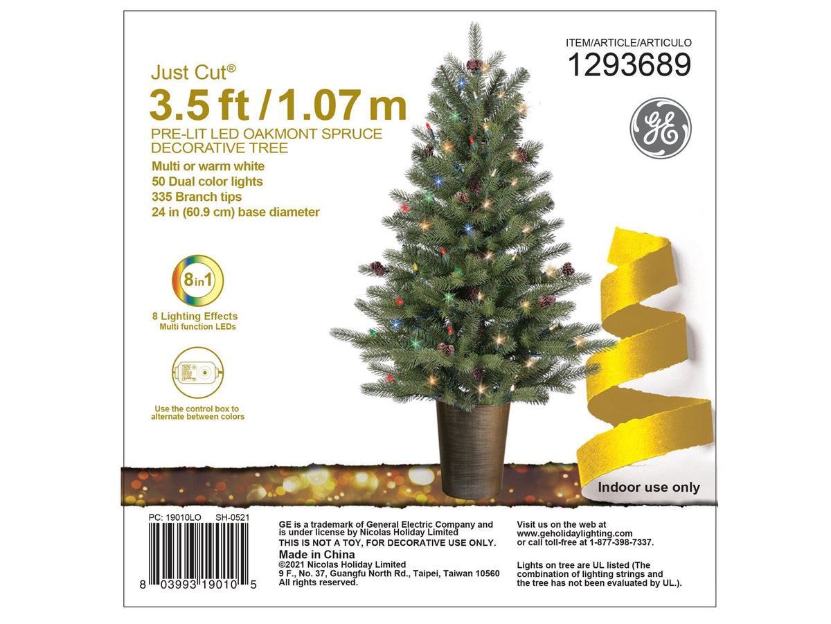GE 3.5-ft Oakmont Spruce Pre-Lit Slim Artificial Christmas Tree with 50 Multi-Function Color-Changing LED Lights