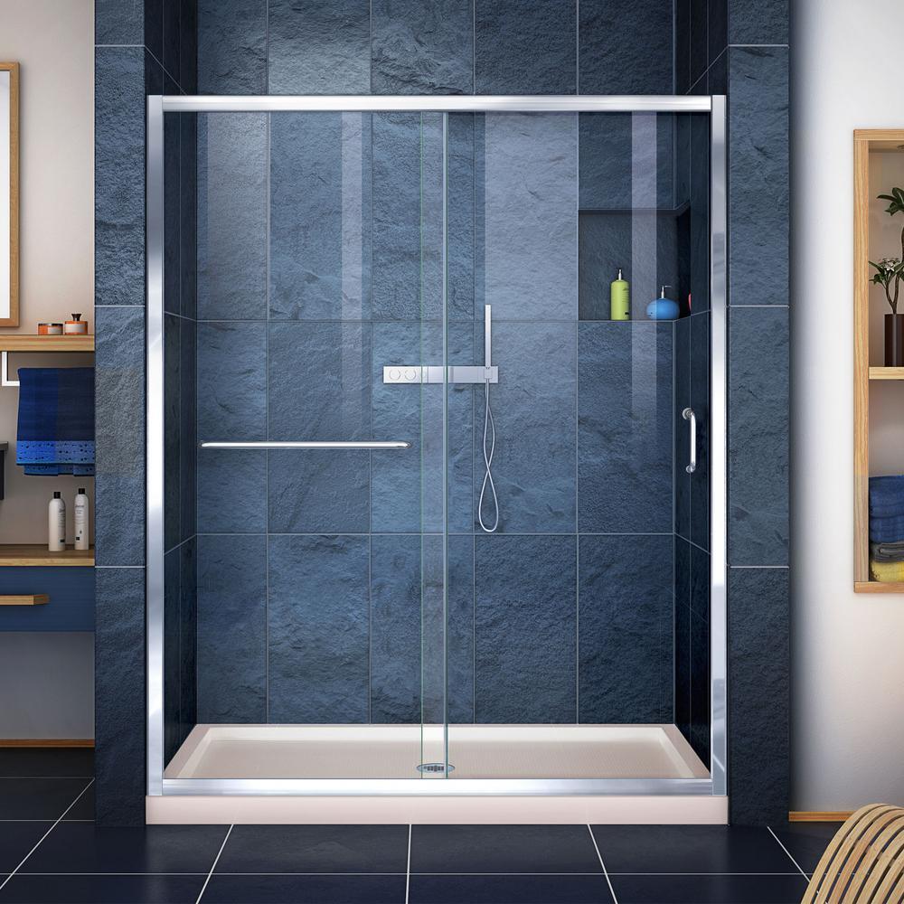 Infinity-Z 30 in. x 60 in. Semi-Frameless Sliding Shower Door in Chrome with Left Drain White Acrylic Base - Super Arbor